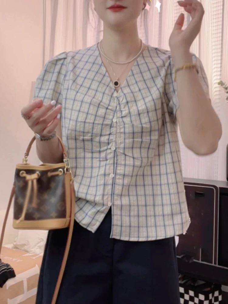

Летняя женская рубашка в клетку с V-образным вырезом, свободного кроя, модная, на одной пуговице, повседневный топ в корейском стиле для офиса и города