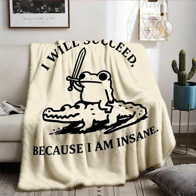 I Will Succeed Because I Am Insane Comfy Blanket, Warrior Frog Riding Crocodile Flannel Blanket, Goblincore Meme Flannel