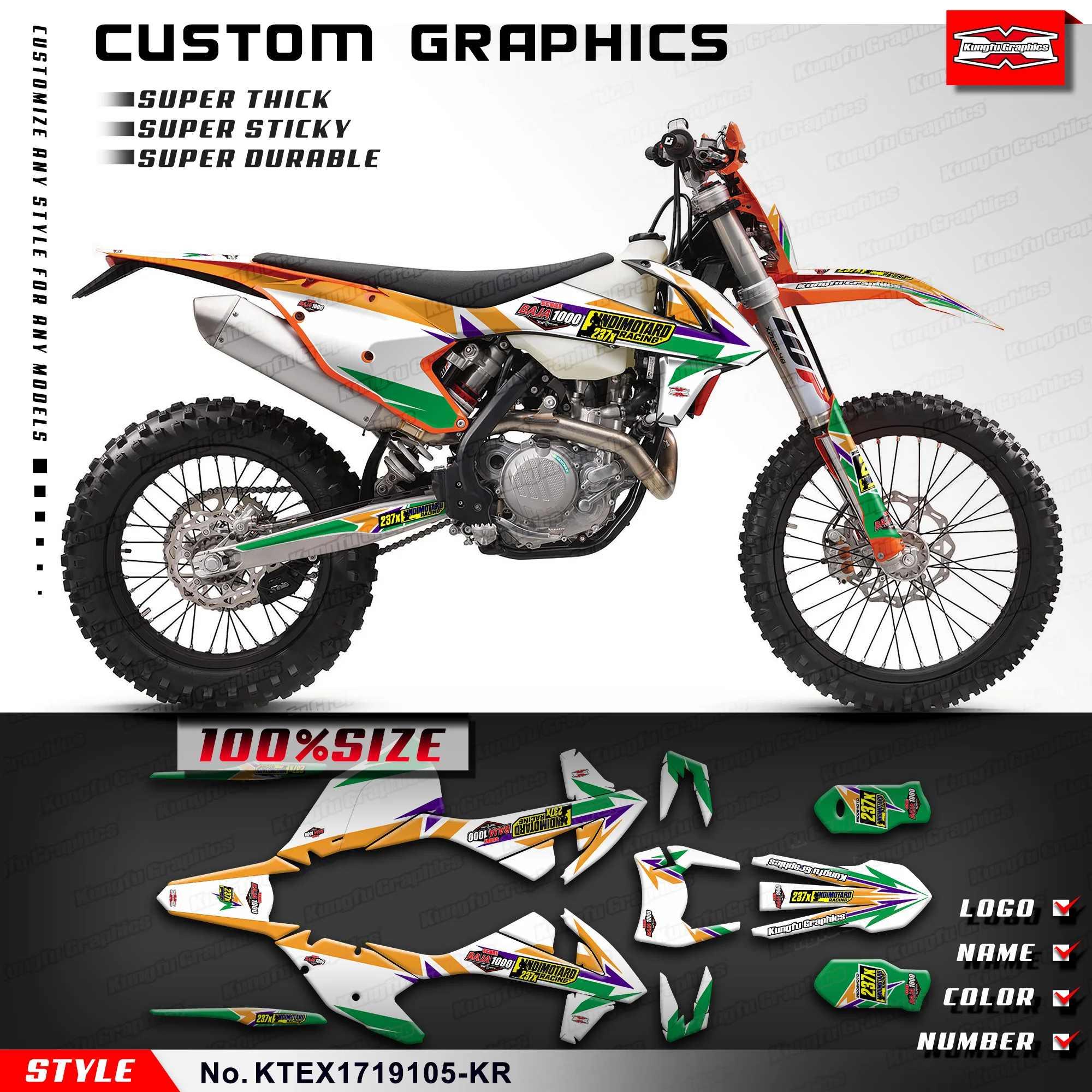 

KUNGFU GRAPHICS Custom Stickers Vinyl Kit for KTM 125 150 250 300 350 450 500 EXC EXC-F XC-W 2017 2018 2019, KTEX1719105-KR