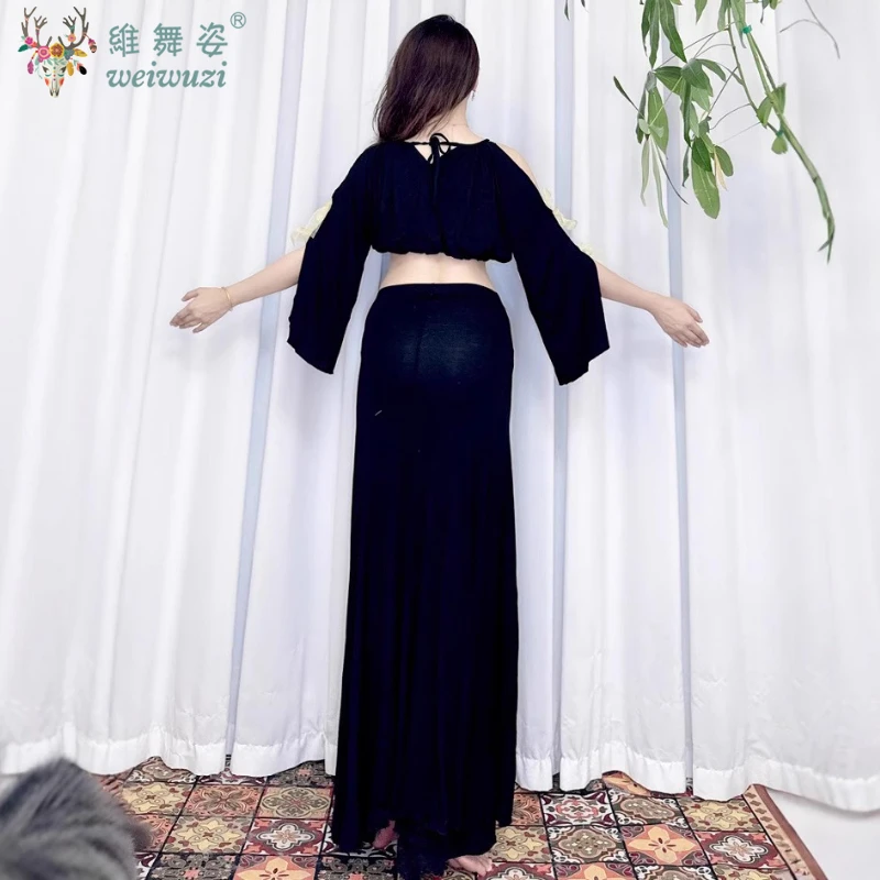 Danse du ventre femme adulte élégant Modal haut vêtements d'entraînement costume Oriental Dancewear taille haute chemise jupe longue ensemble de performance