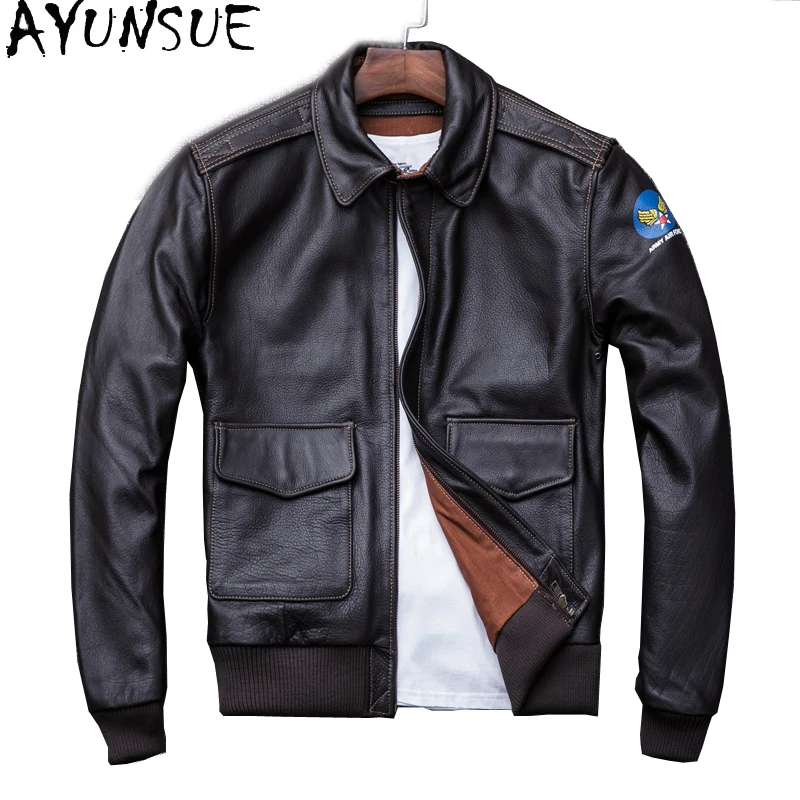 

AYUNSUE Genuine Leather Bomber Jacket Cowhide Autumn Coats Short Mens Clothing Large Jackets Chaqueta De Cuero Para Hombre