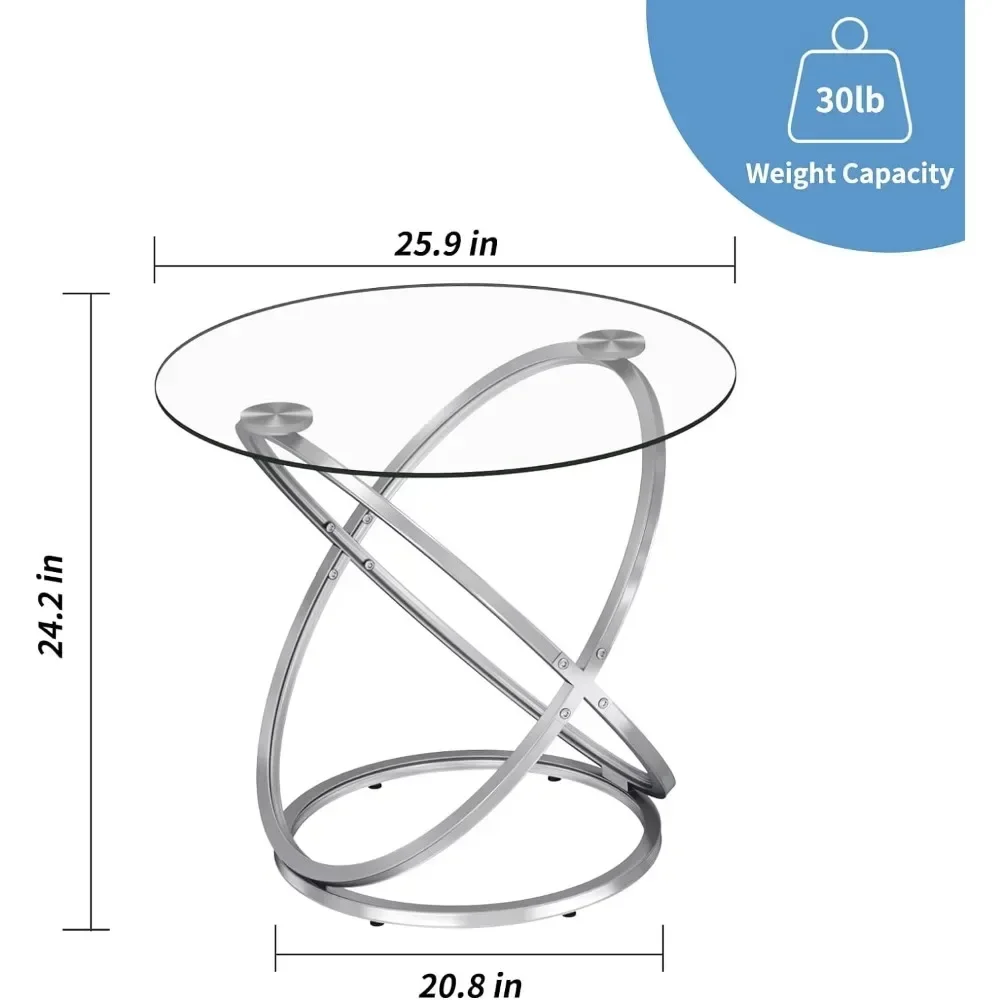 Glass Round End Table, Modern Contemporary Side Table for Small Space with Tempered Glass Tabletop For Living Room Chrome Finish