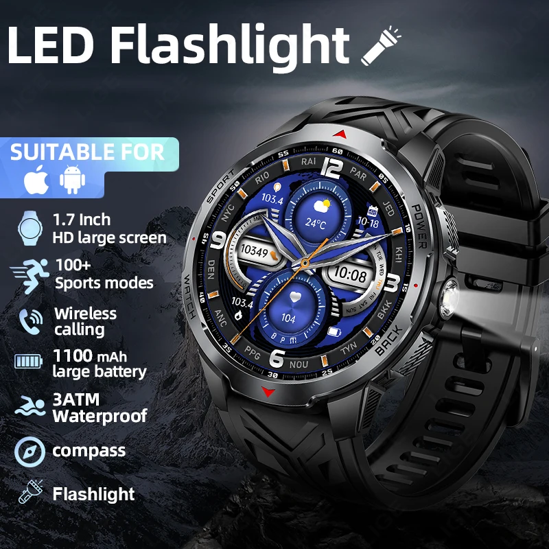 

LIGE 1100mAh Military Outdoor Smart Watch Men 1.7inch Screen Compass Watch Flashlight Bluetooth Call 3ATM Waterproof SmartWatch