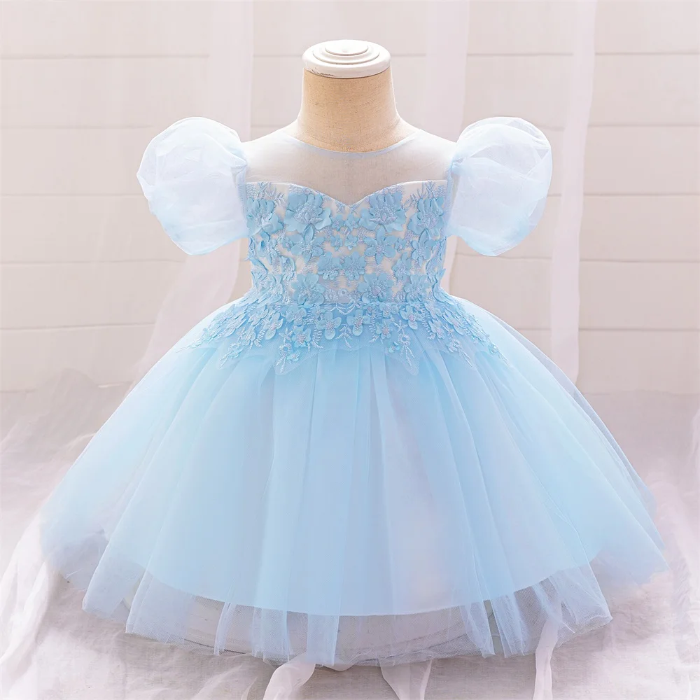 Toddler Kids Floral Embroidery Princess Dress Baby Girl Blue Fluffy Party Dresses Infant Summer Casual Holiday Clothes For Girls