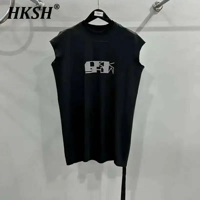 

HKSH Летний новый мужской темный хлопковый жилет Techwear RO Style с буквенным принтом и рваными краями, свободные большие майки, шикарные футболки HK2029