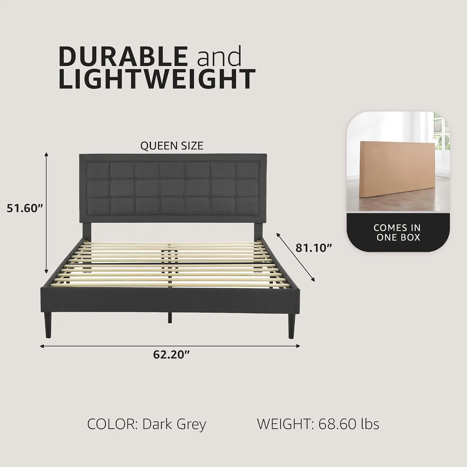 Upholstered 2.0 Platform Bed, Button-Tufted Fabric Headboard and Metal Frame with Wood Slat Support,, Customized