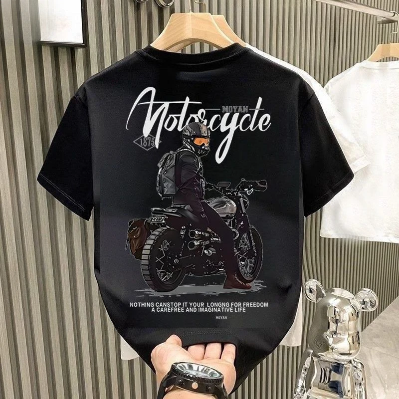 New Trendy Brand Motorcycle Printed Short-sleeved T-shirt Men's Personality Fashion Trend Round Neck Ruffian Handsome Top Men