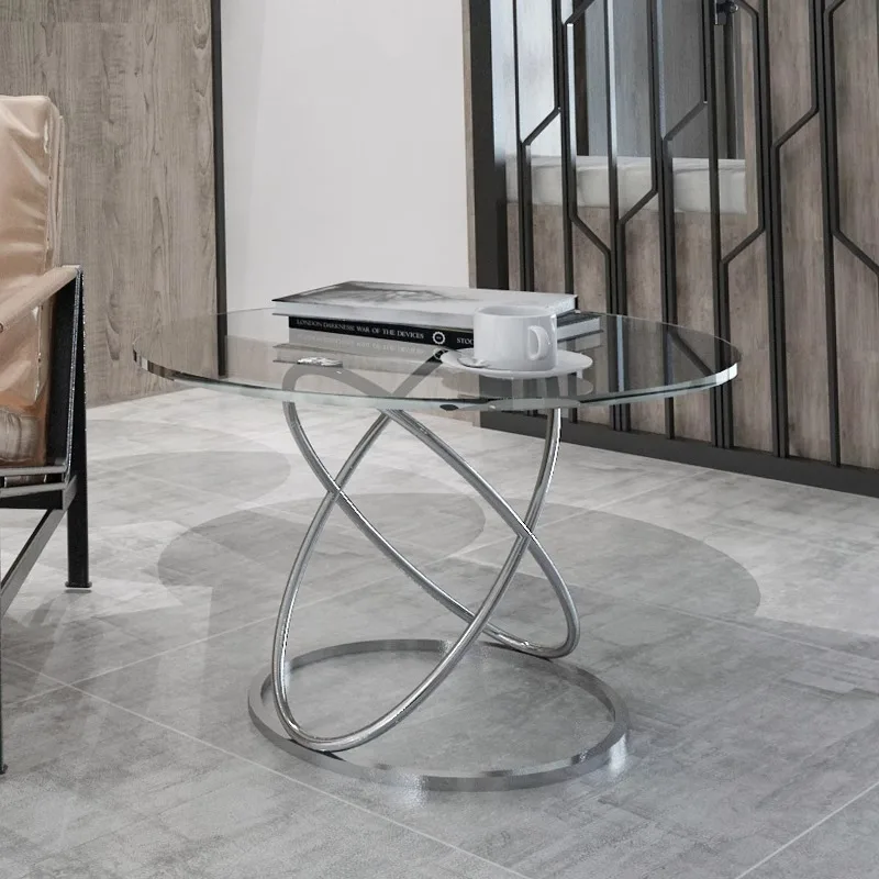 DSA light luxury stainless steel glass coffee table simple small apartment living room household round size combination side