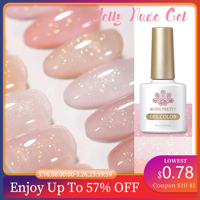 BORN PRETTY 10ml Jely Nude Glitter Nail Gel Polish Glitter Light Pink Translucent Color UV Light Cure Gel Varnish Manicure Nails