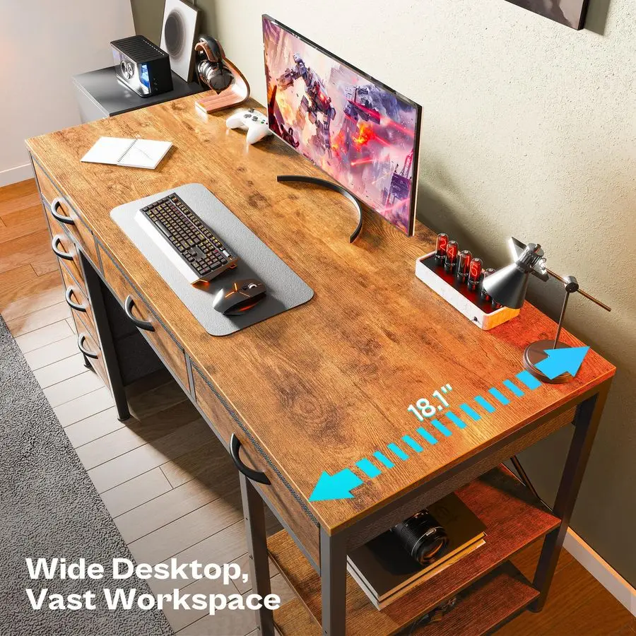 Computer Desk with 6 Drawers, 47 Inch Office Desk with Shelves, Reversible Gaming Desk, Corner Desk with Storage, W Customizable