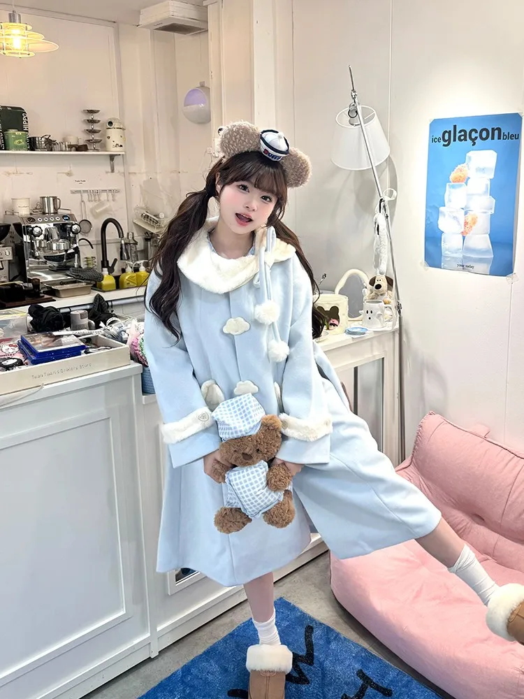 

Cloud Soft Blue Knot Winter New Sle Medium Length Woolen Coat for Women Warm Sweet Sle Casual Online Exclusive