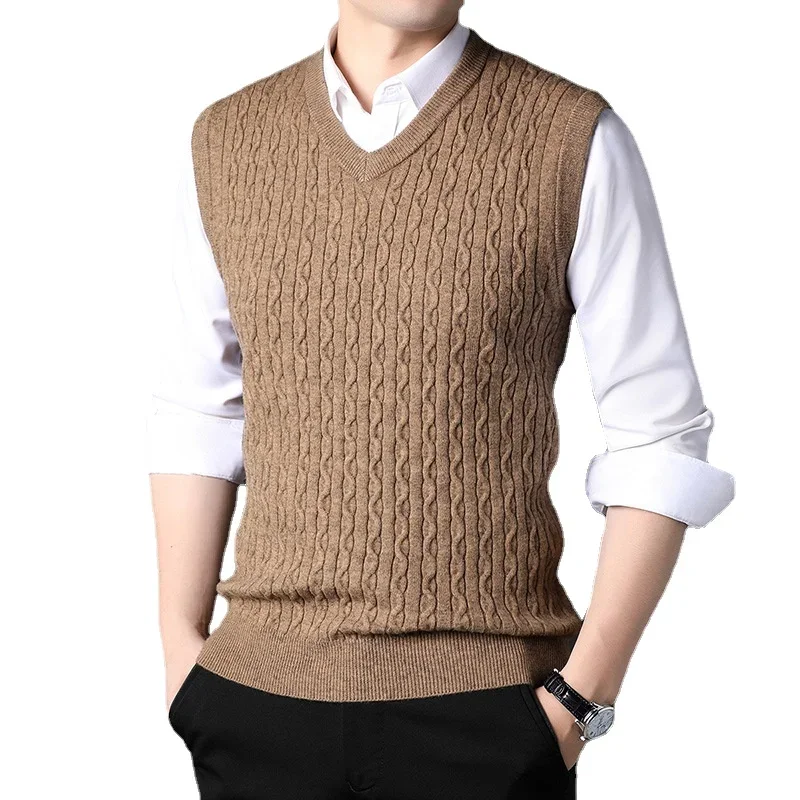 

2023 New Autum Fashion Brand Solid Wool Pullover Sweater V Neck Knit Vest Men Trendy Sleeveless Casual Top Quality Men Clothing