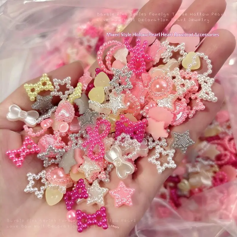 Flat Bottom Mixed Colorful Macaron Pearl Nail Art Accessories with Bow Circle DIY Salon Decor
