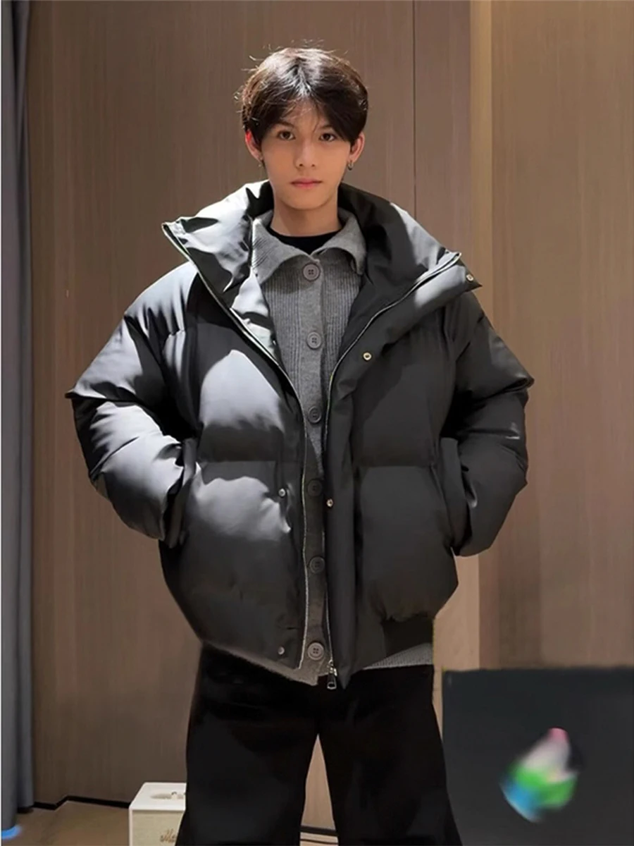 

Cleanfit Bla ort down Jaet Men's Winter Thiened American PU Leather Bread Sle Stand Collar Windproof Outerwear