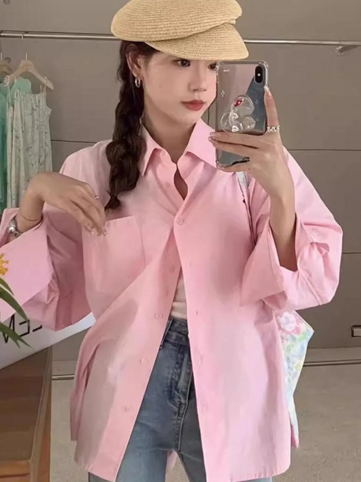 

New Gentle Pink Long Sleeve Women's Shirt Loose Fit Versatile Korean Design Top Layered Clothing Versatile Long Sleeve Shirt