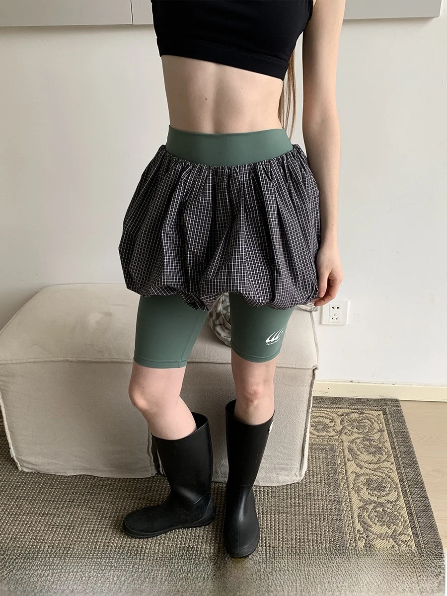 Sweet Cool Girl Color Block Plaid  Skirt A-Line Flared Short Skirt Women Elastic Waist Polyester Fiber Summer 2026