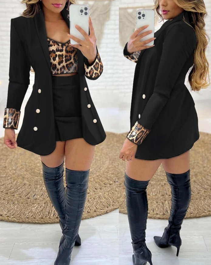 

Two Piece Set Women Outfit 2025 Autumn New Leopard Pattern Shawl Collar Long Sleeve Coat & Contrast Sequin Top Work Suit Set