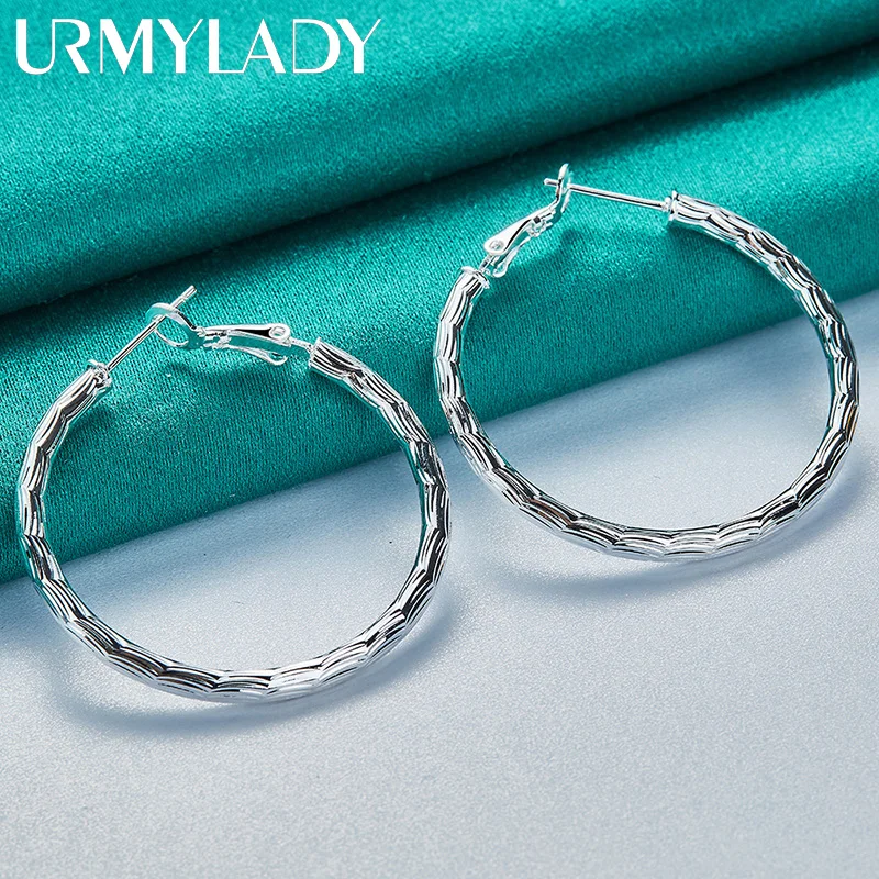 URMYLADY 925 Sterling Silver Water Pattern Round Ring Earrings Ear Loops for Women Wedding Fashion Engagement Charm Jewelry