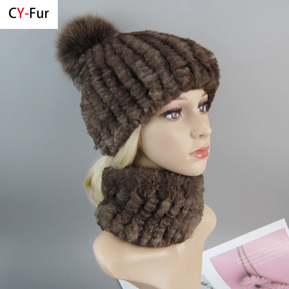 Winter Women Warm Natural Rex Rabbit Fur Muffle Cap Real Fur Scarves Hats Good Elastic Ladies Real Rex Rabbit Fur Scarf Hat Set