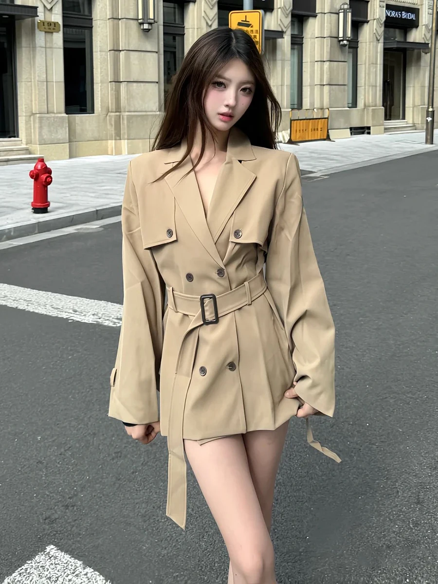 

Brown Trench Women'S Coat Mid-Length Flap Pockets Spliced Patchwork Special Attractive Basics Ladies Charming Designed Modern
