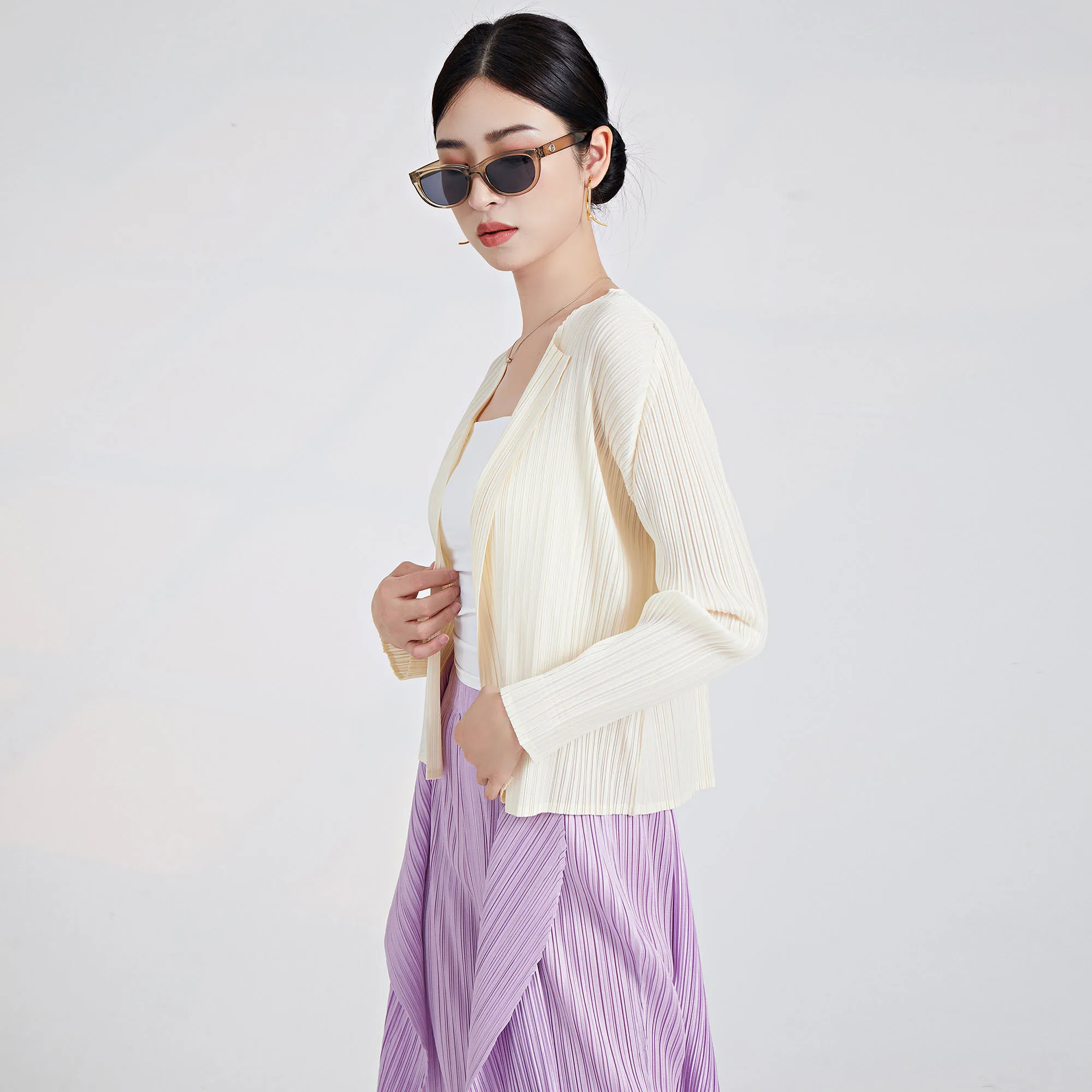 Miyake Women's Summer 2025 Cardigan Petite Print With V-Neck and Logo Sun Protection Loose Long Sleeve Shirt