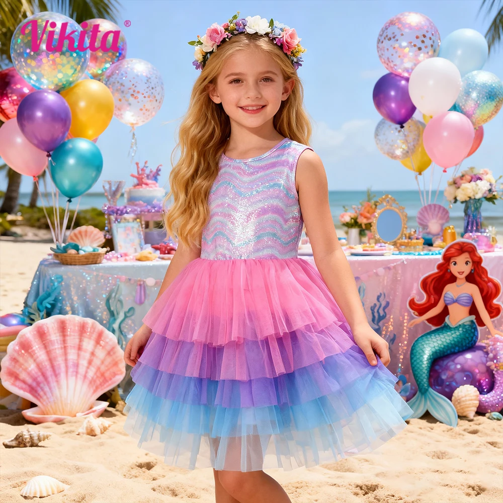 VIKITA Mädchen-Sommerkleid, ärmellos, für Kinder, glänzend, gewellt, gestreift, Farbverlauf, bunt, Tüll, Netzstoff, mehrlagig, für Party, Schule, Alltag, Tutu-Kleid