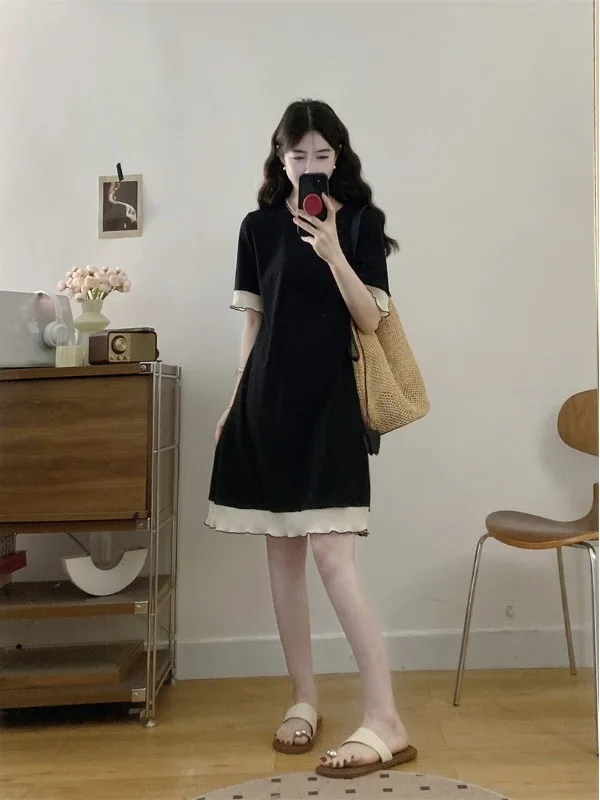 

plus Size Loose Short Sleeve Dress Summer New Style Splice Slimming Design Korean Version Commute Style Black Dress