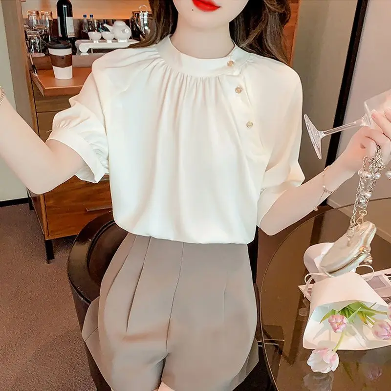 Fashion Stand Collar Button Folds Puff Sleeve Chiffon Blouses Female Clothing 2024 Summer New Loose Casual Tops Sweet Shirts