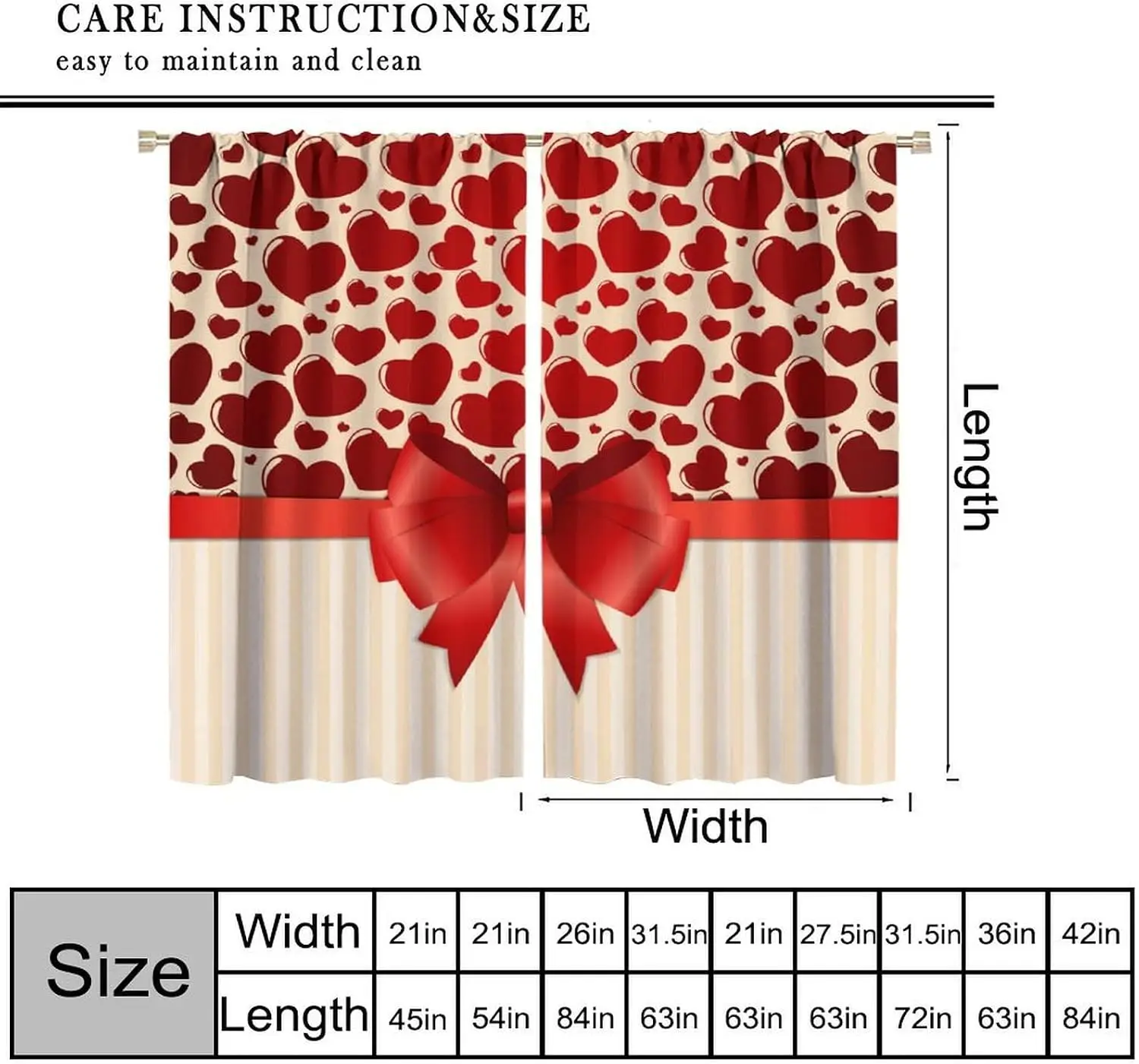 Valentine Love Heart Bow Window Curtain Striped Base Sweet Scenery Light Blocking Drape For Villa Dorm Resort Window Decoration