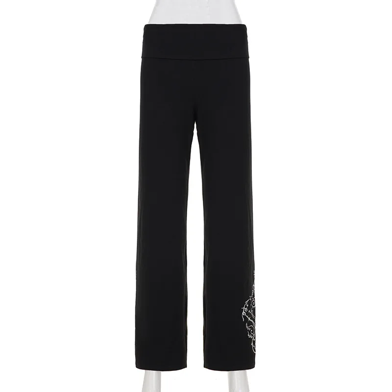 กางเกงขาบานเล็กน้อยทรงเอวต่ำพิมพ์ลายย้อนยุคสำหรับผู้หญิงในฤดูใบไม้ร่วงและฤดูหนาว