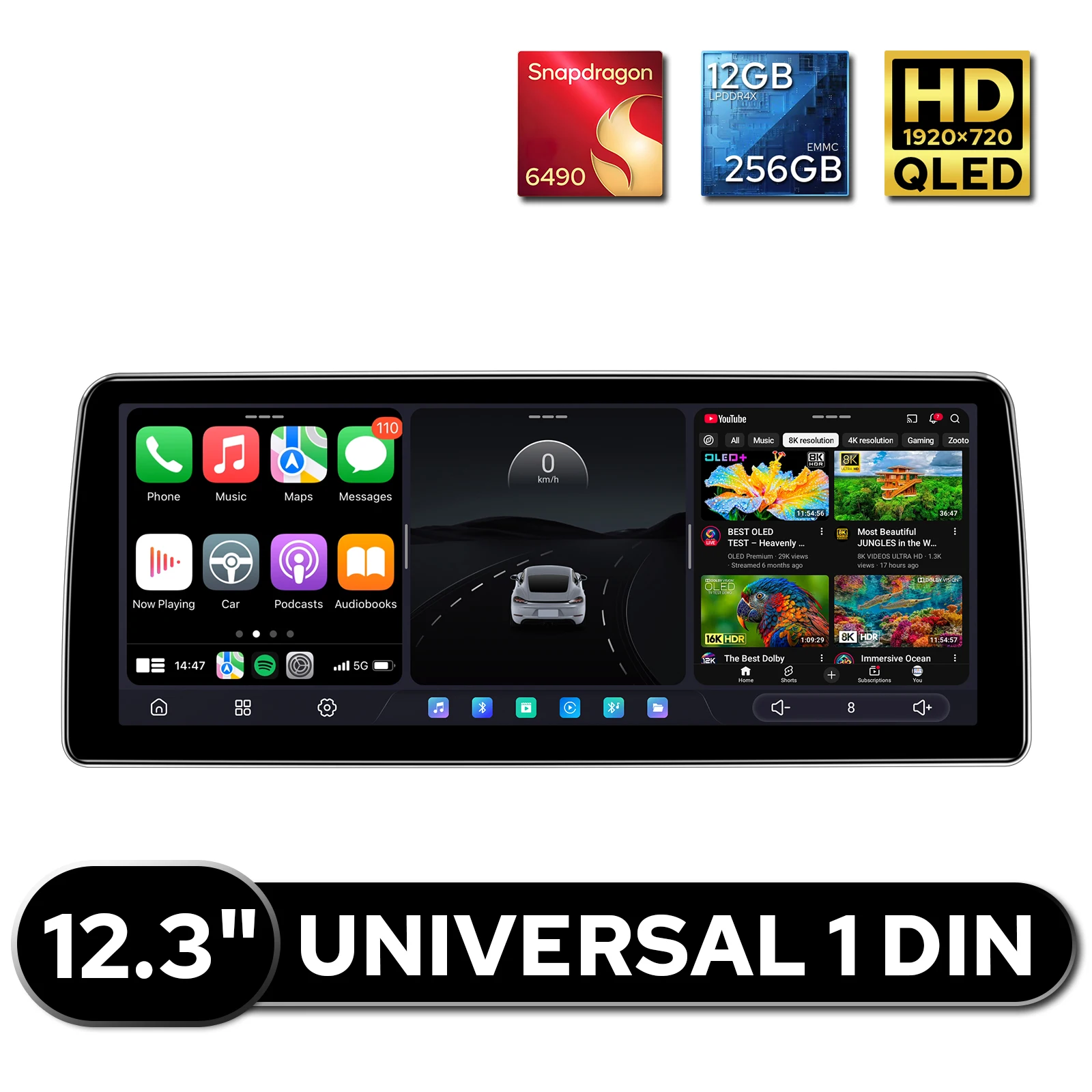 JOYING Universal 12.3''Trapezoid Android Car Stereo Head Unit QLED 1920×720 Touch Screen 12GB 256GB USB Type-C 360° Camera Jack
