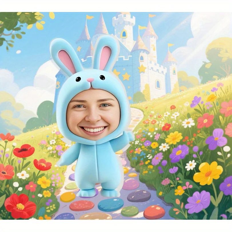 Custom Photo Face Light Blue Rabbit Shaped Pillow Personalized Irregular Plush Cushion DIY Upload Picture Cute Animal Birthday G