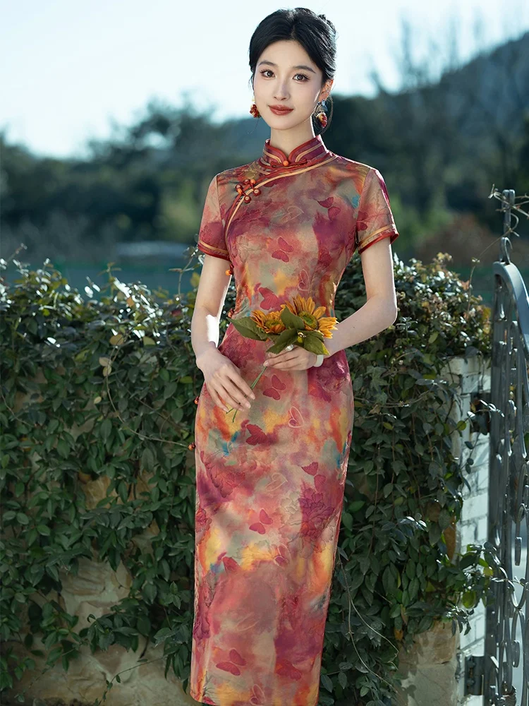 

Red Long Qipao Young Sle Improved Beautiful Wedding Dr for Mom Ele Chic Retro Design Polyester Spandex Blend ort S...