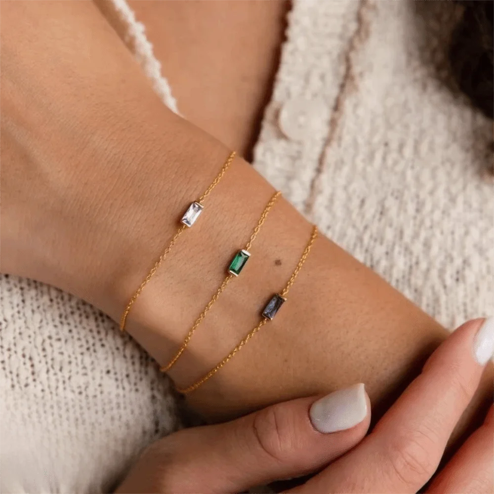 Square Zircon Birthstone Bracelet Sparkling Colorful Gold Plated Bracelet Stackable Personalized Minimalist Bracelet