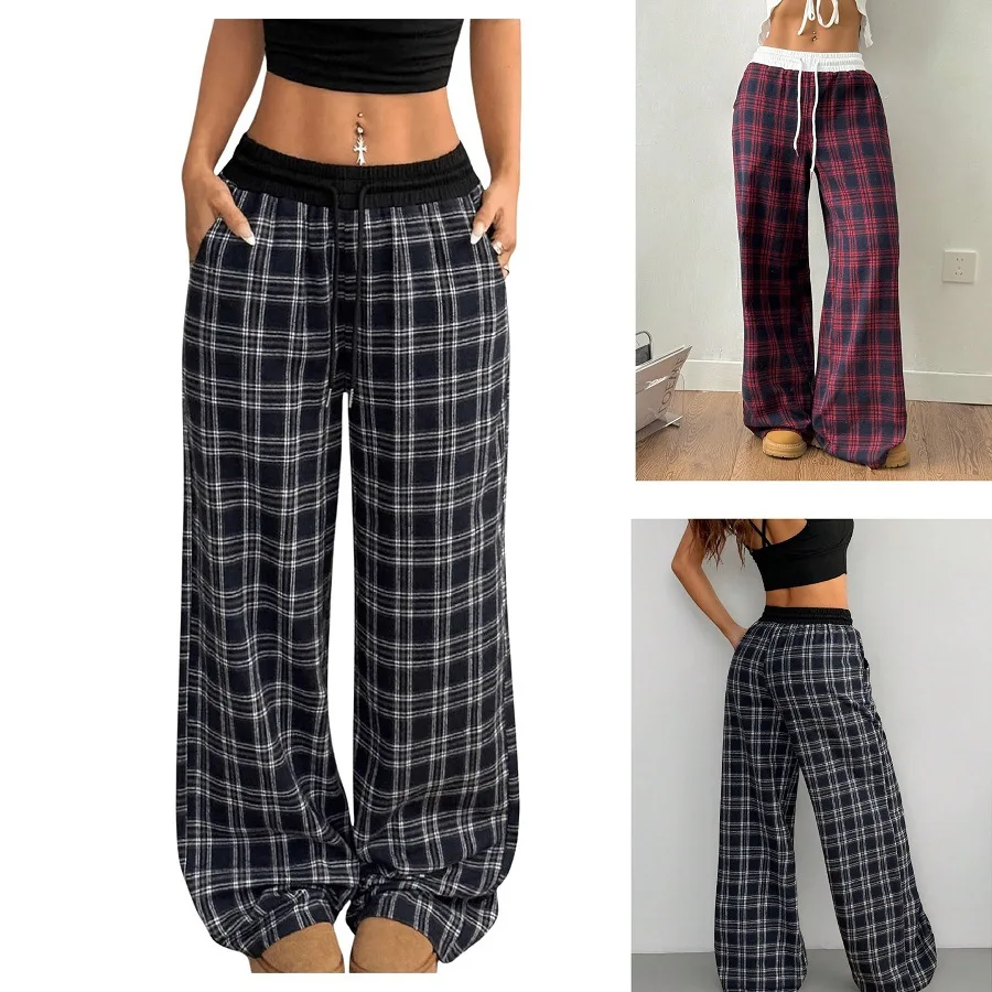 European and American Loose and Lazy Style Straight Tube Plaid Splicing High Waist Hanging Casual Sports Pants Pajama Pants