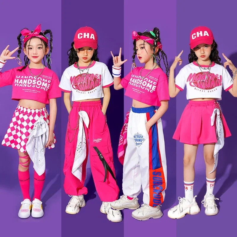 Teenage Girls Hip Hop Clothes Children Crop Top Cargo Pants Plaid Skirt Kids Streetwear Jazz Cheerleader Street Dance Costume