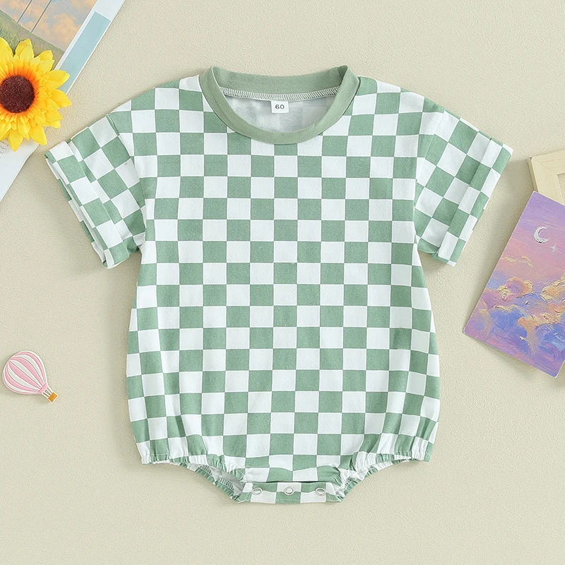 Infant Baby Summer Jumpsuit Checkerboard Print Round Neck Short Sleeve Romper Toddler Clothes