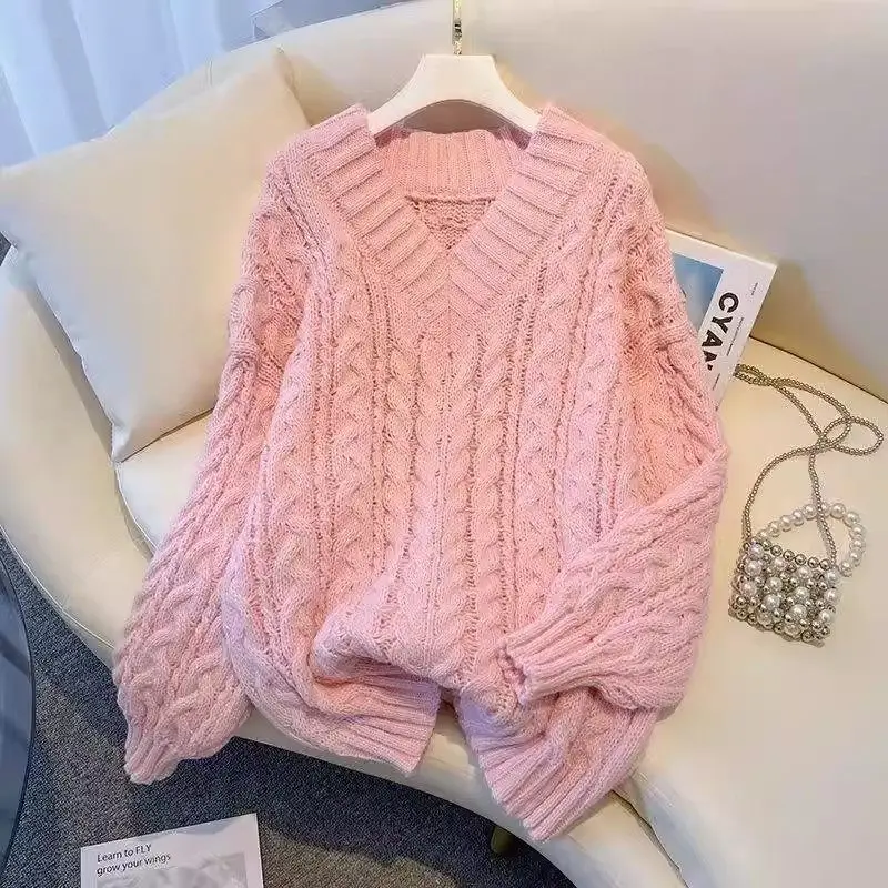 

Candy Color Elegant Style Twists V-Neck Sweater For Women Autumn And Winter Large Size Medium Length Fashion Knit Pullover A715