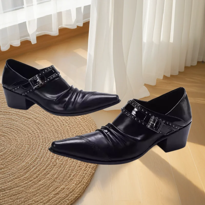 

Pleated Shoes for Mens Pointed Toes Chunky High Heels Sewing Lines Males Loafers Stitching Chassure Hommes Buckle Zapatos Hombre
