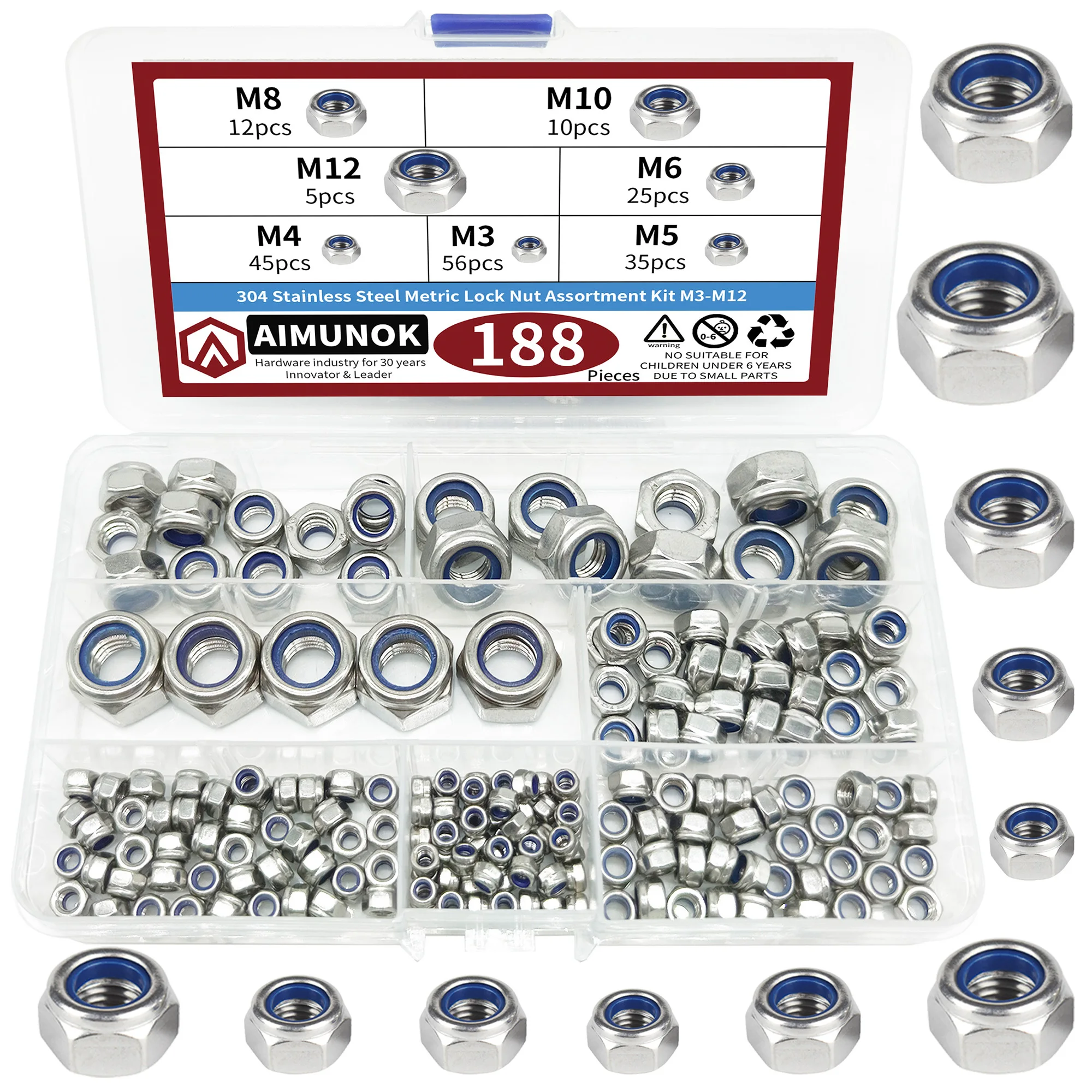 

188pcs 304 Stainless Steel Metric Lock Nut Assortment kit M3-M12 Fasteners Tools Threaded Insert Repair Accessories