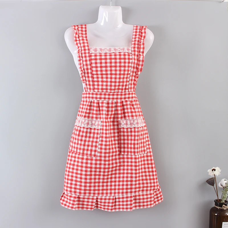 Fashion Breathable Waist Cute Plaid Home Apron Ladies Thin Princess Skirt Japanese Kitchen Work Clothes