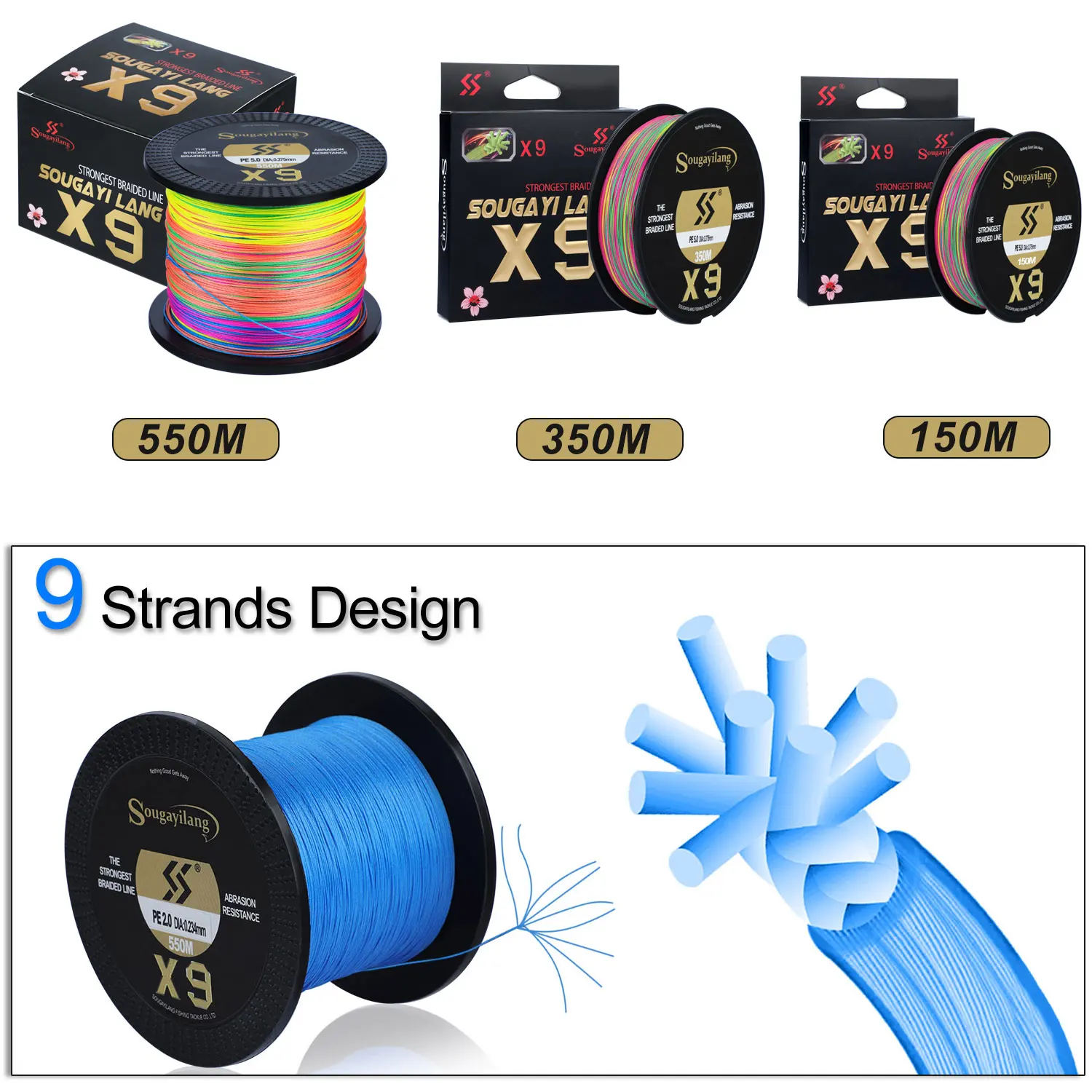 Sougayilang X9 Geflochtene Angelschnur 550M 350M 150M 17-97LB Multifilament Angelschnur 0,128-0,405mm Super Starke PE Linie Pesca – Detail 7