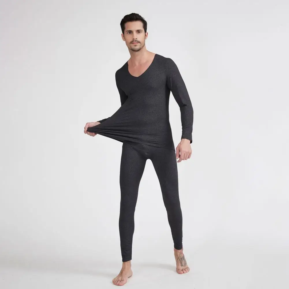 Cold Weather Attire Men's Winter Thermal Underwear Set with V Neck Long Sleeve Top Slim Fit Pants Warm Plush Seamless for Sports