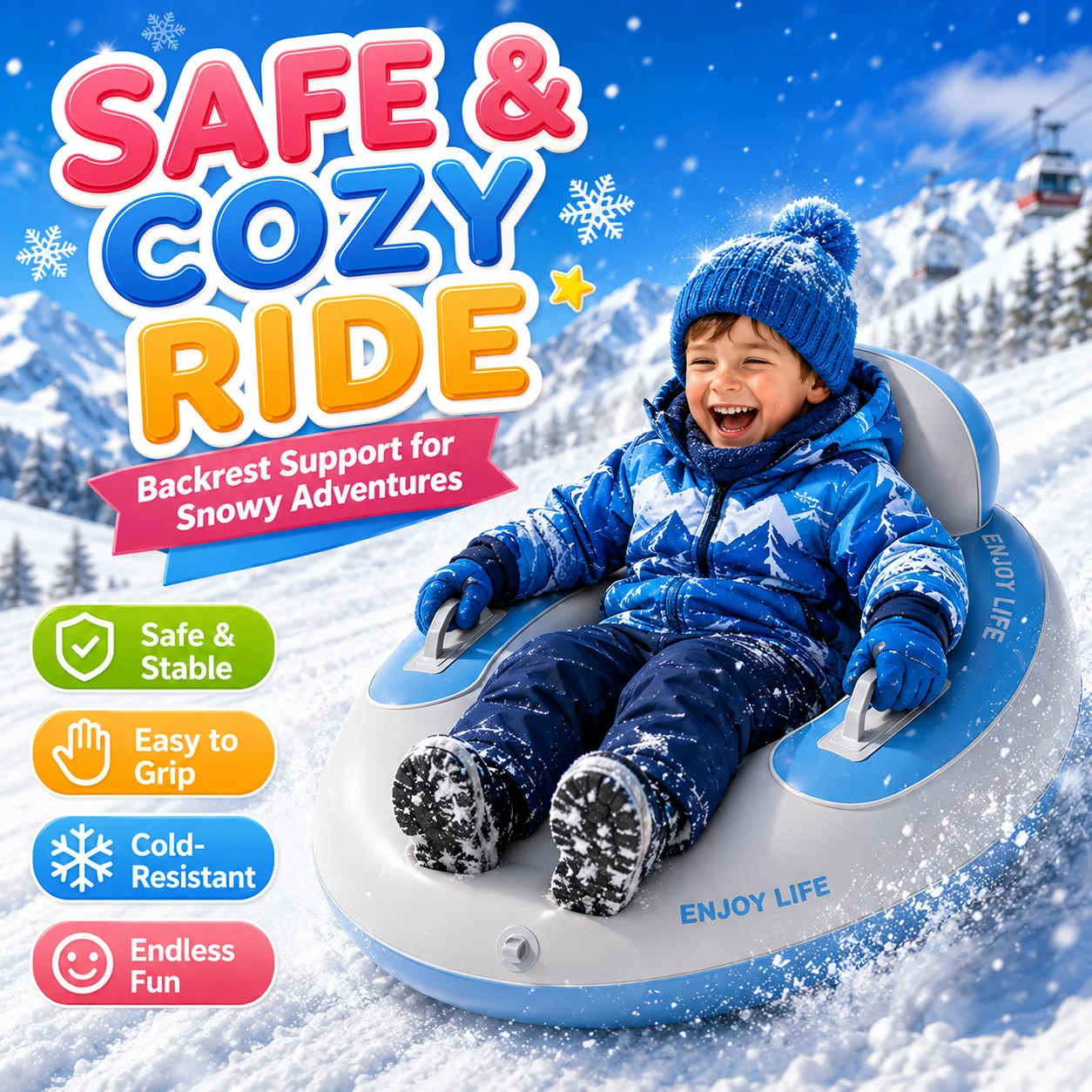 1pc-背もたれとハンドル付きインフレータブルスノーチューブ、冬用スレッジチューブスノースライダー、雪遊び用屋外スキートイ