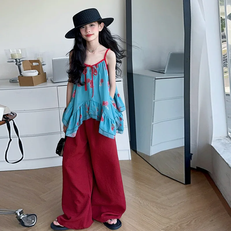 Sweet Girls Fashion Summer 2PCS Outfit Irregular Shoulder Cami Top Thin Wide Leg Pants Fashion Teenagers Kids Clothes