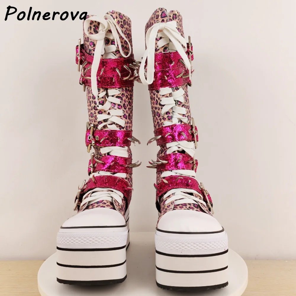 ليوبارد المسامير الوردي الأحذية جولة تو منصة سميكة سوليد المشارب عبر تعادل منتصف العجل الأحذية الخماسي مشبك الشتاء أحذية مثيرة #6