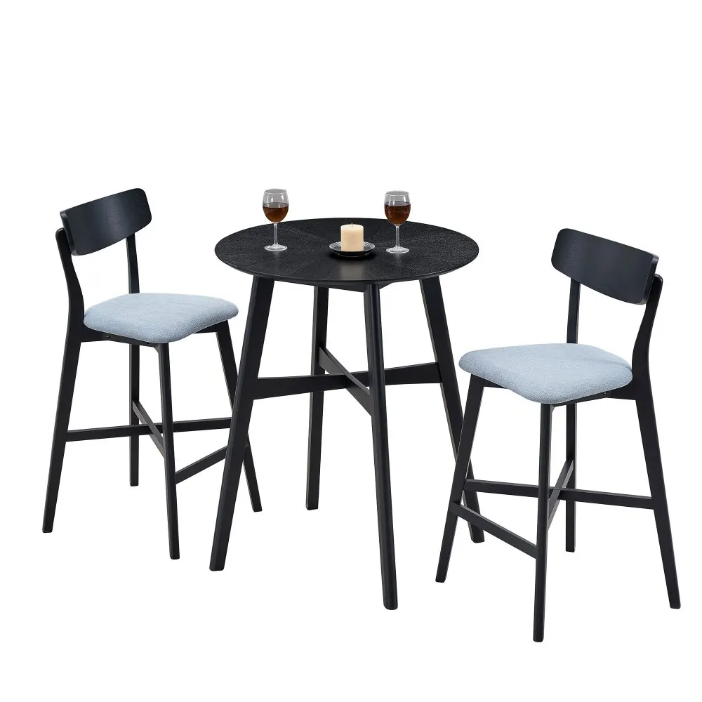 

3 Pieces Bar Table Set, Modern Round Counter Height Pub Table, Wooden High Top with Bar Stools Pub Dining Set for Kitchen,Black