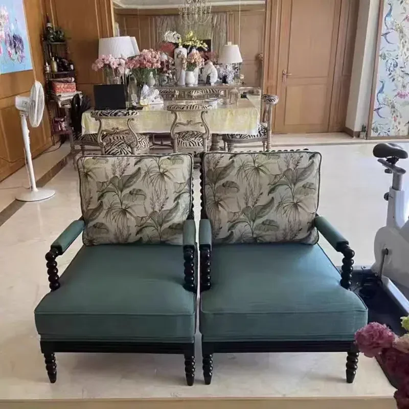 American solid wood sugar gourd sofa chair small apartment living room retro round bead fabric single casual tiger chair