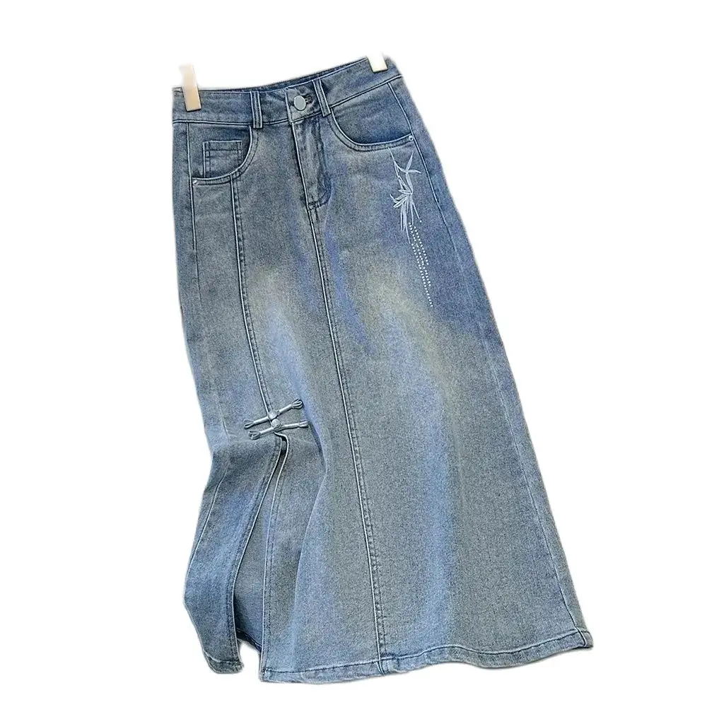 

Casual Split Denim Skirt, Spring Summer Cowboy Skirt, 2024 New Chinese style Embroidered button shaped bag Jeans Skirts,