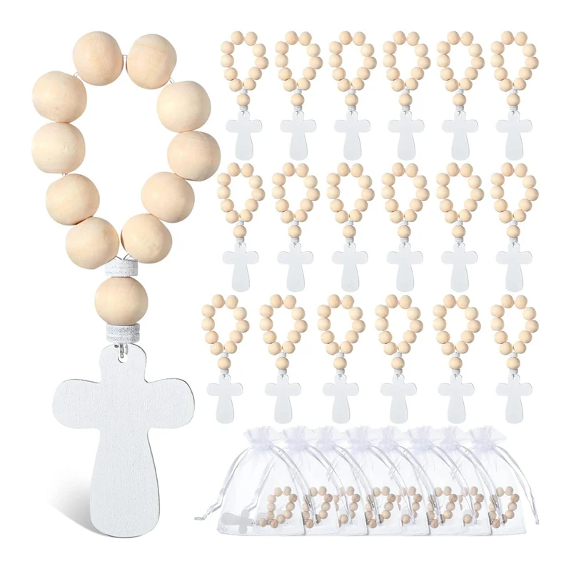 40 Sets Wooden Rosary Wood Bulk Catholic with Crucifix Wooden Cross Pendant with White Mesh Bags for Baptism First Communion